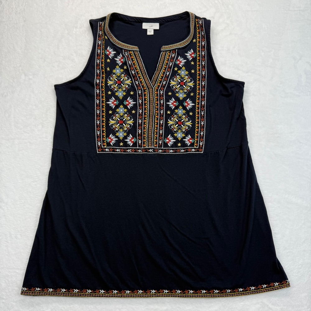 J Jill Embroidered Sleeveless tunic top Black Cotton Blend Boho Womens Sz M READ